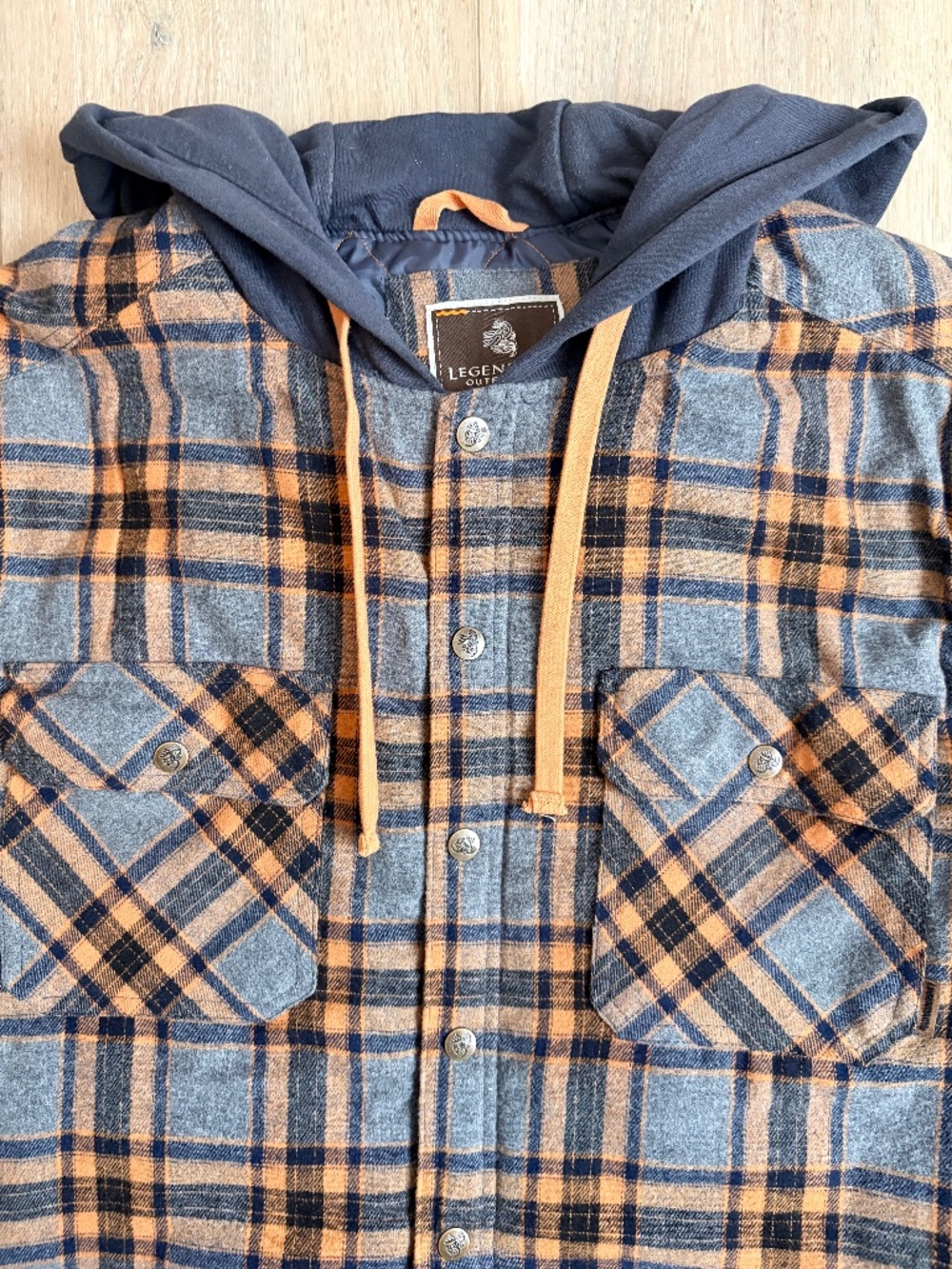 Legendary Outfitters Men's Flannel Snap Hoodie Shacket Orange/Gray Plaid Size L